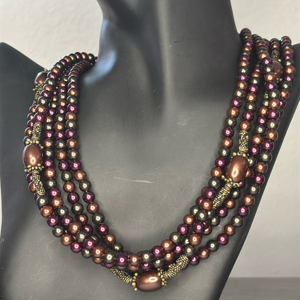 Multi-Strand Red, Brown, and Green Acrylic Beads Necklace